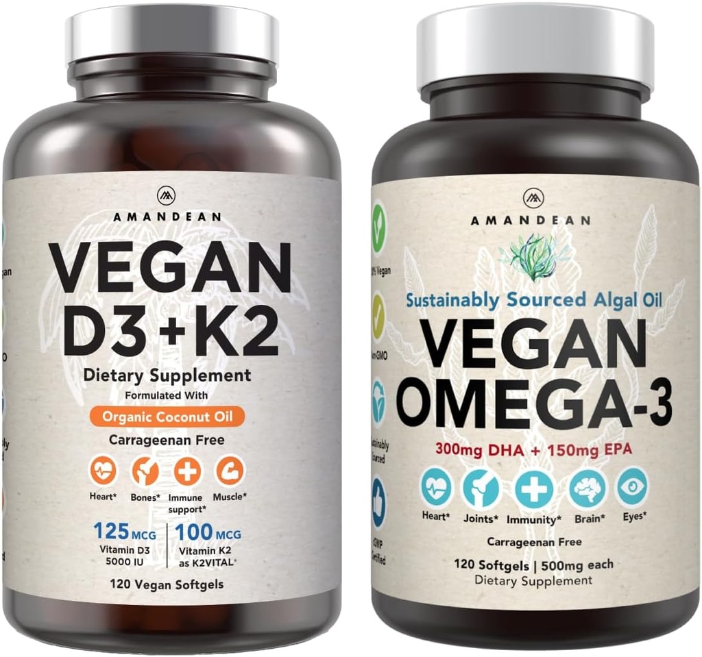 ビーガンパワーハウスコンボ。 Algalオイル&ビタミンD3 + K2からオメガ3。 Algaeから植物ベースの5000 iu VIT D。 100 mcgオールトランスMK-7 Vita K。 カラギーナン無料ベジーSoftgels。