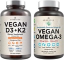 ビーガンパワーハウスコンボ。 Algalオイル&ビタミンD3 + K2からオメガ3。 Algaeから植物ベースの5000 iu VIT D。 100 mcgオールトランスMK-7 Vita K。 カラギーナン無料ベジーSoftgels。