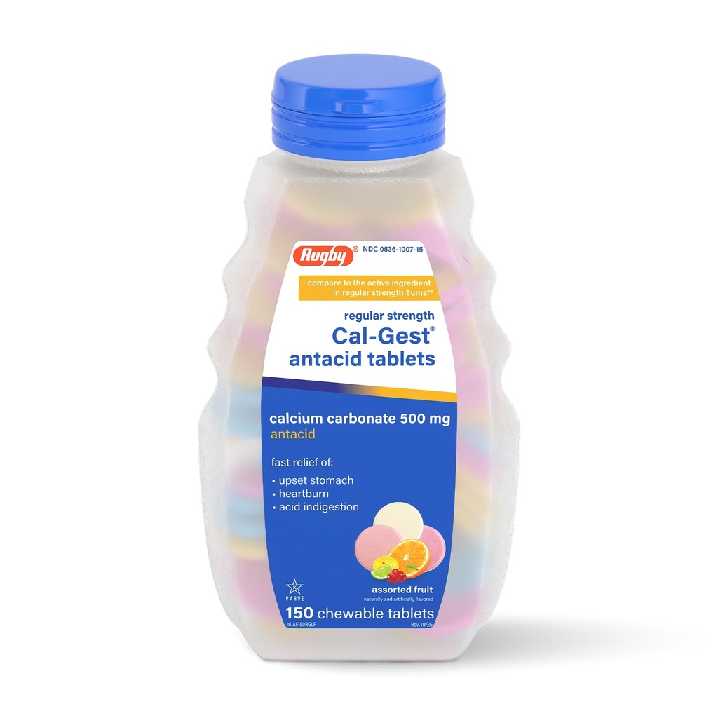 ラグビーカルシウム Cal-Gest Antacid 錠 - 規則的な強さ - 炭酸カルシウム 500 mg - 分類されたフルーツ味 - 150 咀嚼可能な計算(1パック)