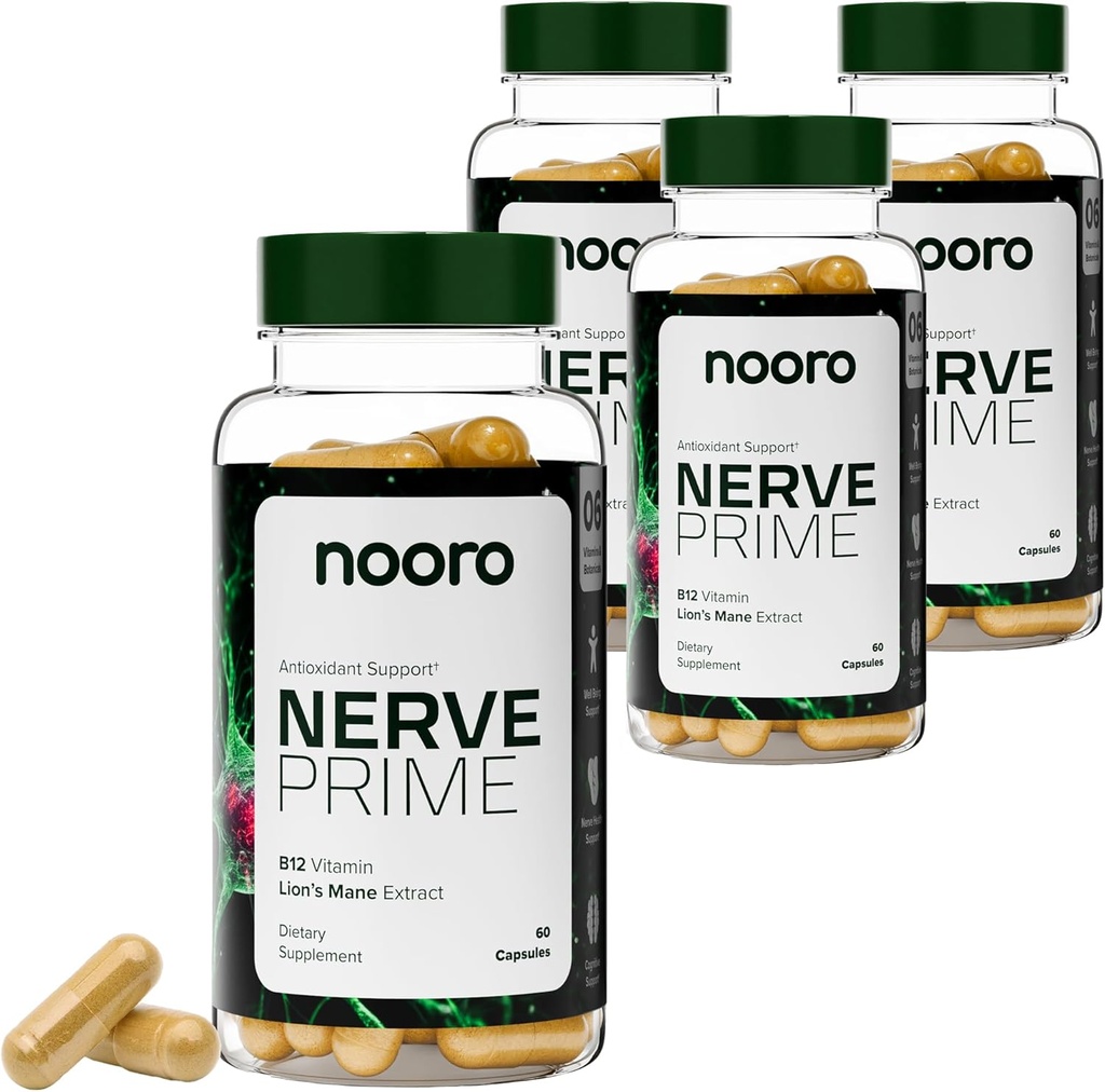 nooro Nerveプライムサプリメント - Rアルファリポ酸、ライオンのマネのマッシュルーム、クルクミン、ウェルビーイングサポート、認知機能、抗酸化保護、120日の供給(4パック)