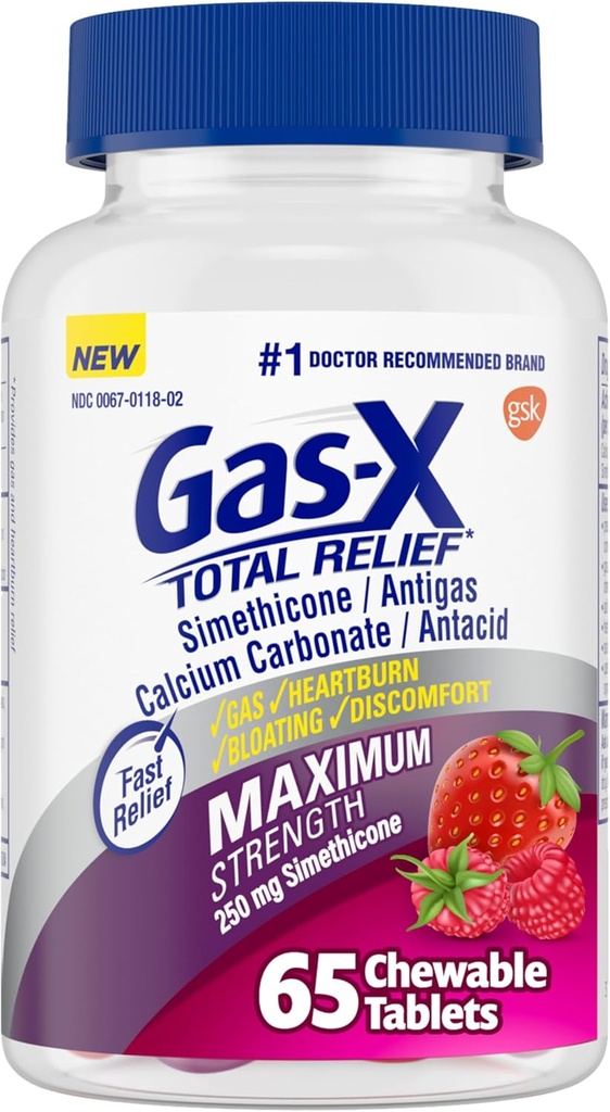 Gas-X Total Relief Chewable Tablets with Maximum Strength Gas Relief Simethicone 250 mg and Heartburn Relief Calcium Carbonate 750 mg, Bloating Relief, Mixed Berries - 65 Count