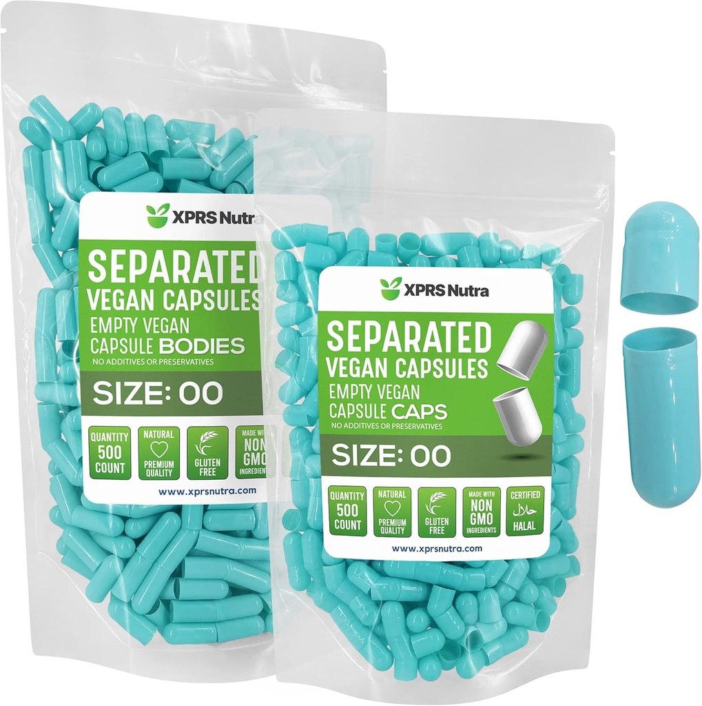 XPRS Nutraビーガンサイズ00分別カプセル - 500カウントプレミアム空のカプセルは、バッグで分離 - 00ピルはDIYサプリメント充填(アクア)のために空