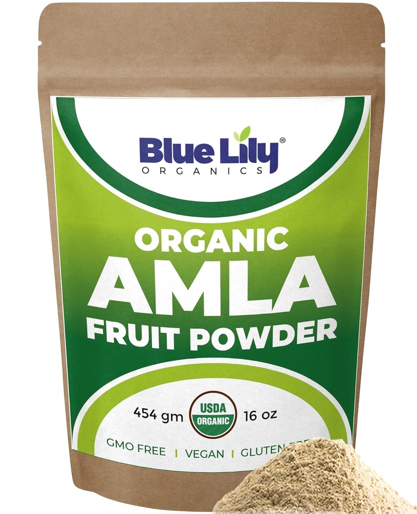 青いユリUSDAの有機性Amlaの粉(Amalaki/Indian Gooseberry) 16oz (1lb) Resealableクラフト袋、100%の純粋なAmlaの果実の粉、酸化防止ビタミンCの豊富な、サポート健康な免疫システム