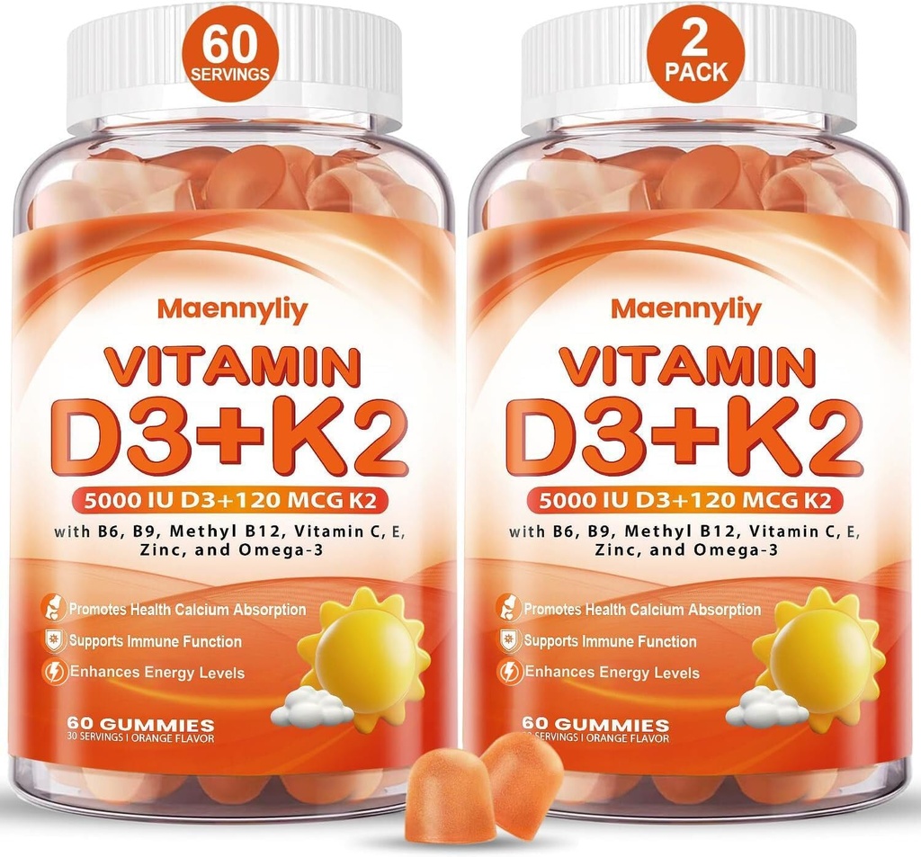 大人のためのビタミンD3 K2のグミ -ビタミンD3 5000IU + K2 (MK-7) 120mcg - Omega-3、メチルB12、B9、B6、ビタミンE及び亜鉛-カルシウム吸収及び免疫の健康のための砂糖なしD3およびK2の補足