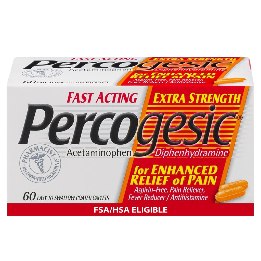 Percogesicの余分強さのアセトアミノフェン及びDiphenhydramineの痛みの軽減、速い行為のアスピリンなしのレバーの減力剤及び抗ヒスタミン、60の計算