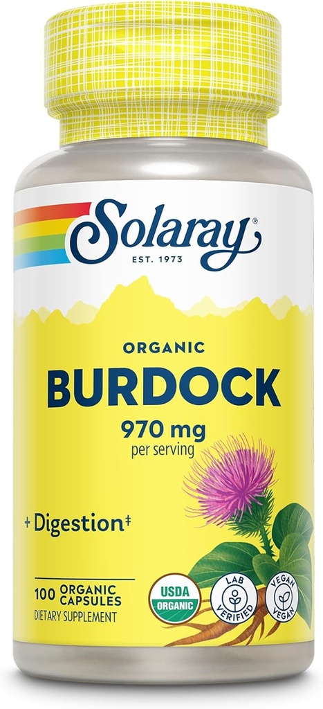 Solaray Organic Burdock Root 970 mg - 消化器系サポートサプリメント - USDA Burdock Root Organic - ビーガン、Lab Verified、60日間返金保証 - 50 サービング、100 有機カプセル