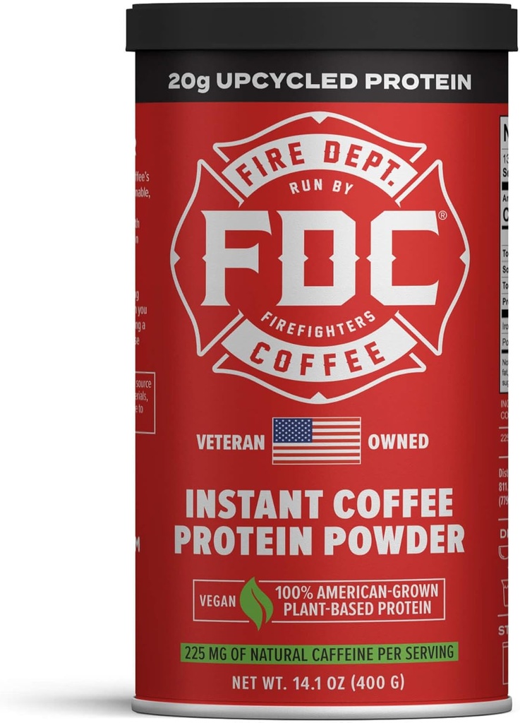 防火部コーヒー - 消防士に戻って与える - インスタントコーヒープロテインパウダー - 植物ベースのプロテインパウダー - リサイクルされたバーリープロテインで作られた100%のアメリカ人 - ベテラン所有 - 14.1オンス缶