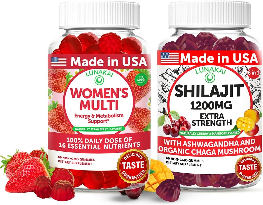 Lunakai USA Made Womens Multivitamin & Shilajit Gummies Bundle – Energy, Immune & Vitality Support – Naturally Flavored – 60 Non-GMO Gummies Each