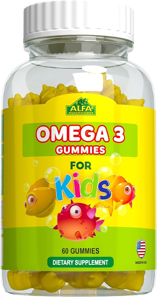 ALFA VITAMINSオメガ3キッズガミー、サポート脳開発、心の健康とビジョン、簡単に噛む、オメガ3サプリメント、オレンジ風味、魚の味、毎日3ガミー、60ガミー