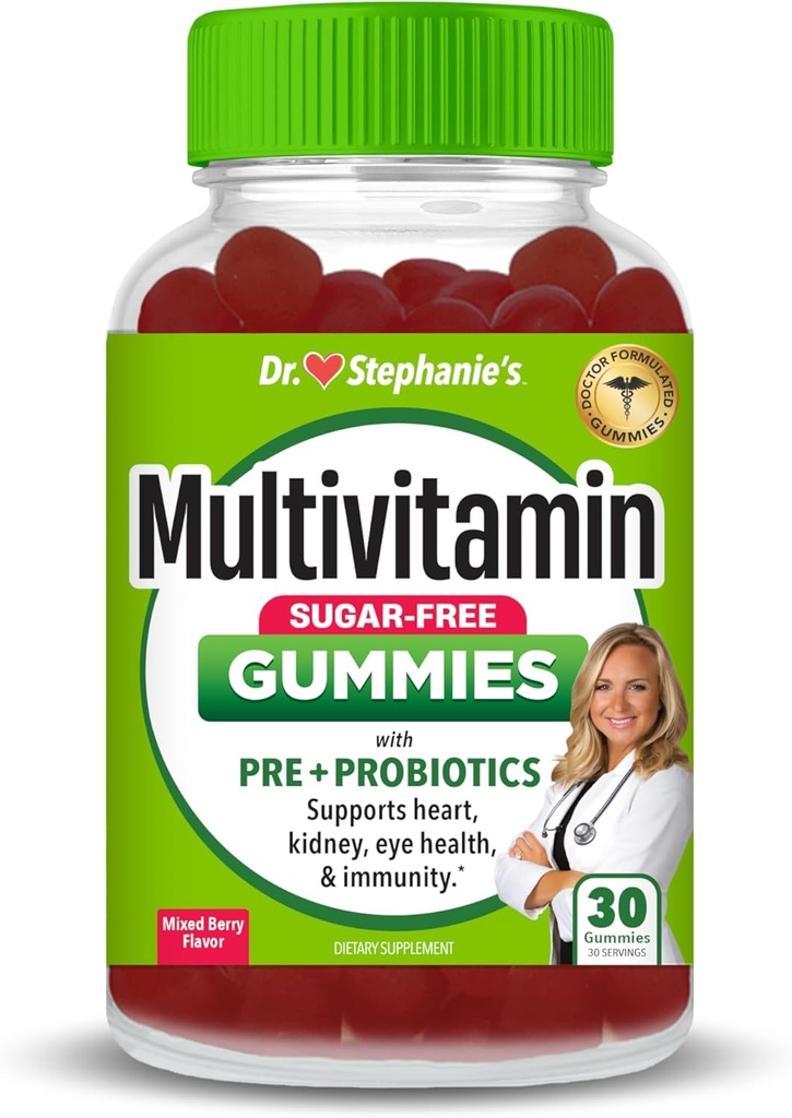 Dr. StephanieのMultivitamin Gummies - プレバイオティクス&プロバイオティクスと砂糖を含まない - 目、腎臓、肝臓、心臓、消化器の健康のための毎日のサポート - 混合ベリー風味