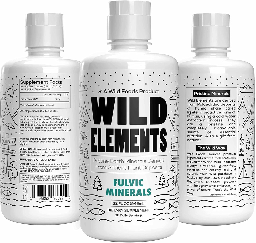 Wild Elements Gut Support Fulvic Acid Mineral Blend Derived from Ancient Plant Deposits, Heal Gut Lining, Improve Cognition and Immunity, 70+ Minerals, All Natural, 32 oz