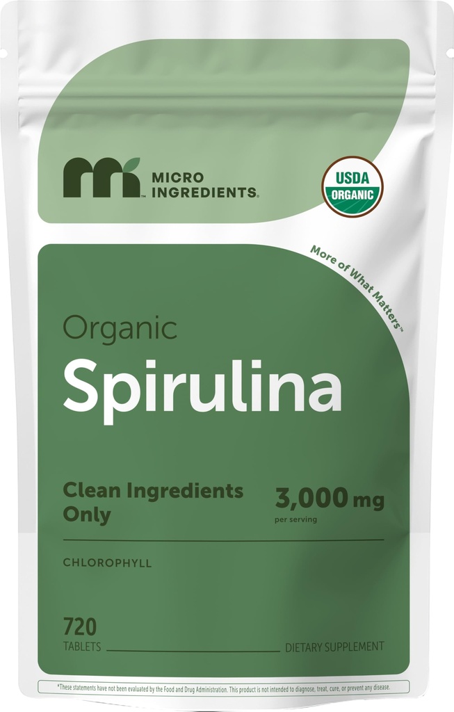 マイクロ成分有機スピルリナサプリメント、サービングあたり3000MG、720錠(4ヶ月の供給)、フィラー&非GMO、ビーガンタンパク質、ビタミン&プレバイオティクスが豊富、プレミアムスピルリナピルス