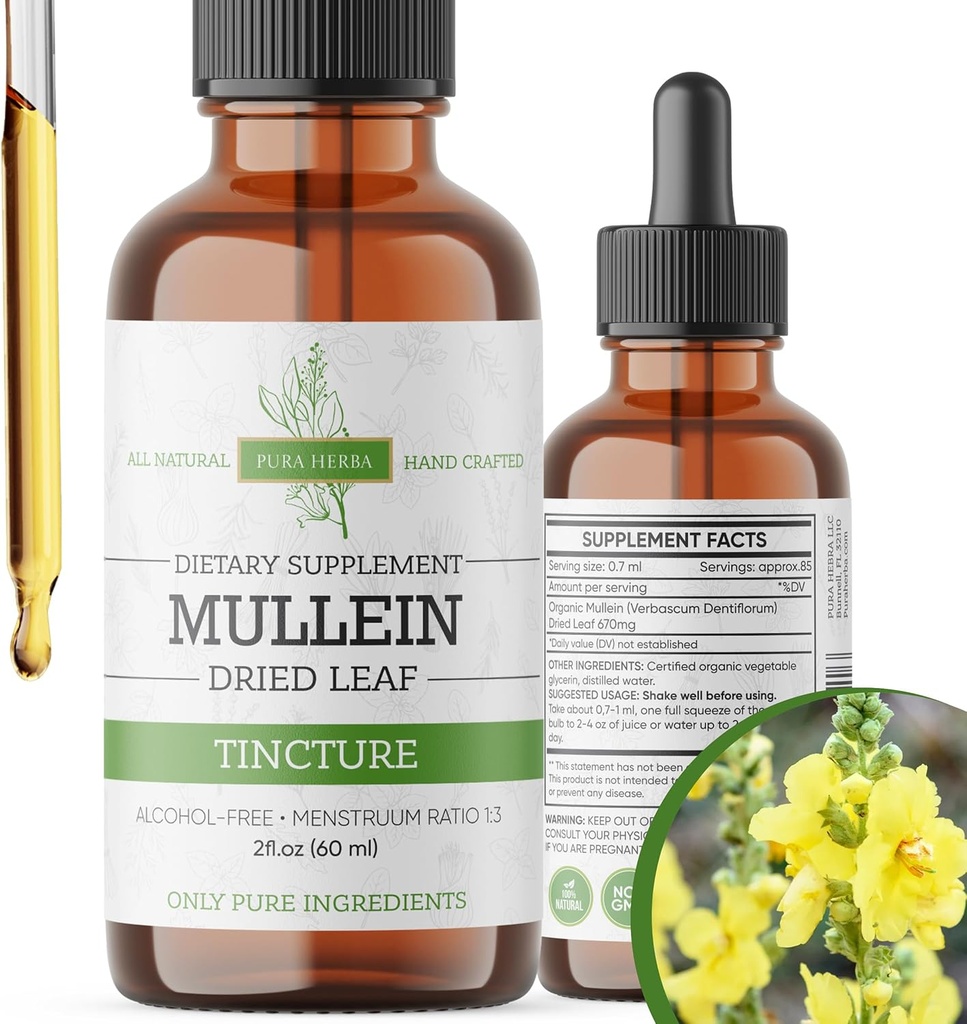 Mullein Tincture - Lungサポート&呼吸器ウェルネスのためのオーガニックムレインドロップ - アメリカ製 - 2 Flオズ