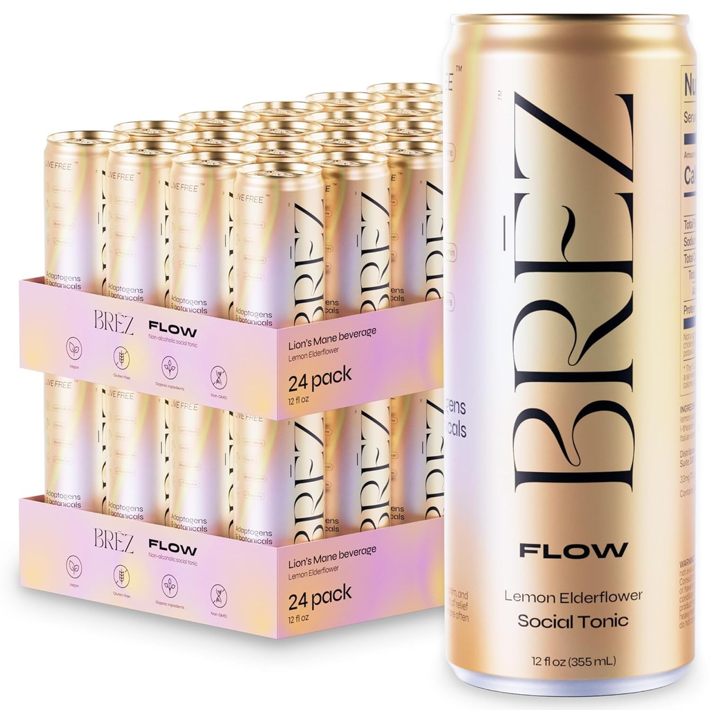 BREZ FLOWのライオンのマネのきのこの飲み物、48パック、非注入された、アダプトゲン、緩和、上昇および社会、スパークリングレモンエルダーフラワートニック12 Fl oz