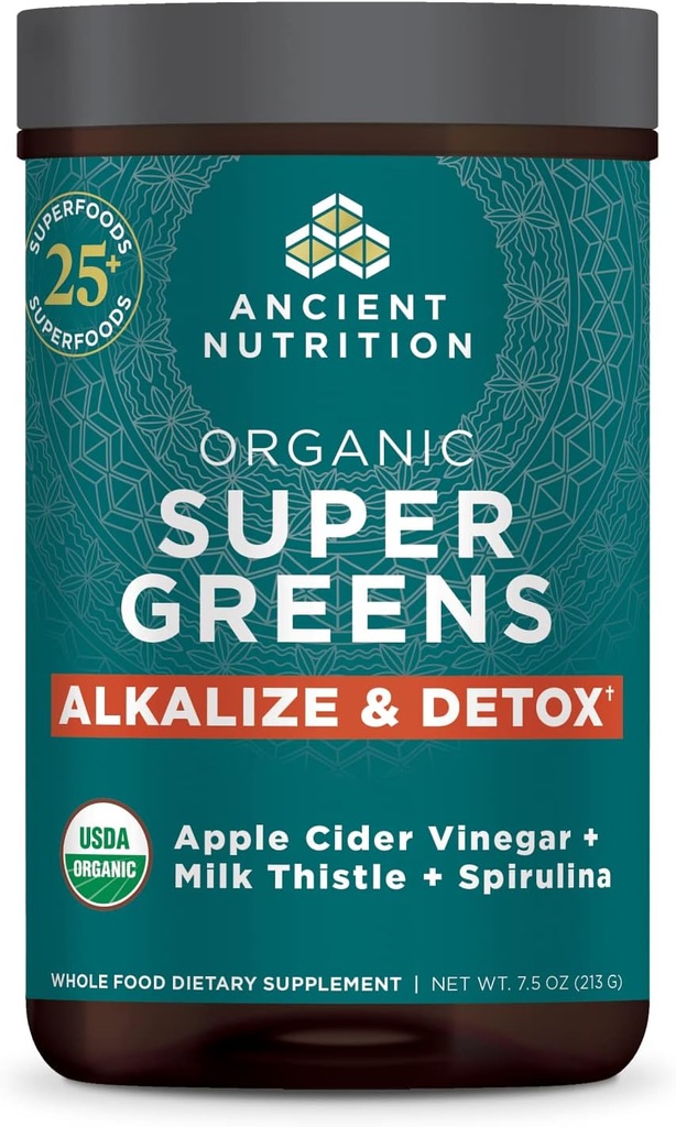 古代栄養のSupergreens Alkalize及びDetoxの粉、Digestiveおよびエネルギー サポートのための実質のフルーツ、野菜およびハーブからなされる有機性Superfoodの粉、25のサービング、7.5oz