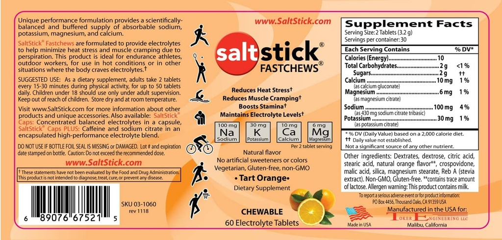 SaltStick FASTCHEWS 60カウントボトル、トラベルパック10カウント付きバンドル - タルトオレンジ