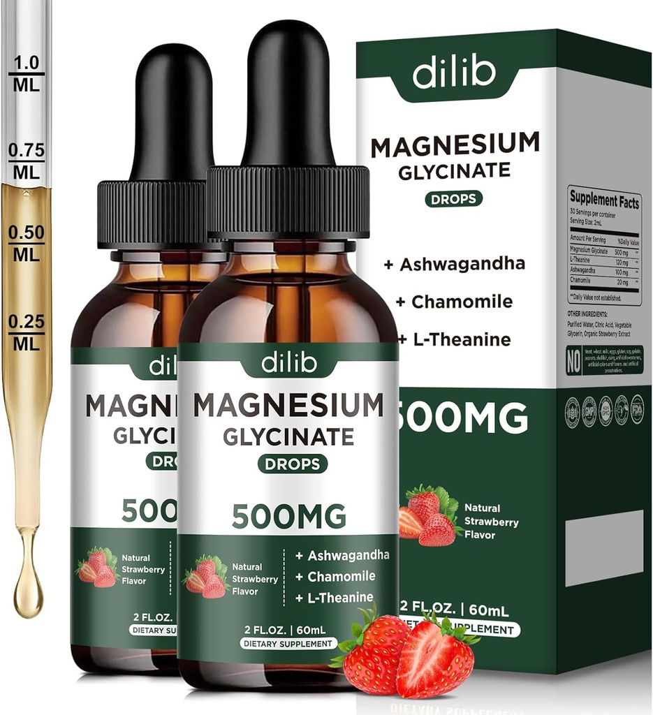 マグネシウムのGlycinateの液体の低下の補足、マグネシウムのGlycinate 500mg Ashwagandha、L - Theanine、Chamomile -サポート圧力救助、骨、筋肉、気分のいちごの味2Pack