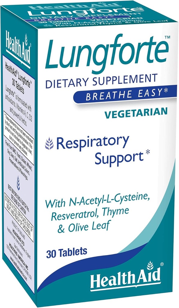 HealthAid LungForte 30錠 - NAC、Resveratrol、オリーブリーフ、タイム&ビタミンA、C&D3 - ベジタリアン、非GMO
