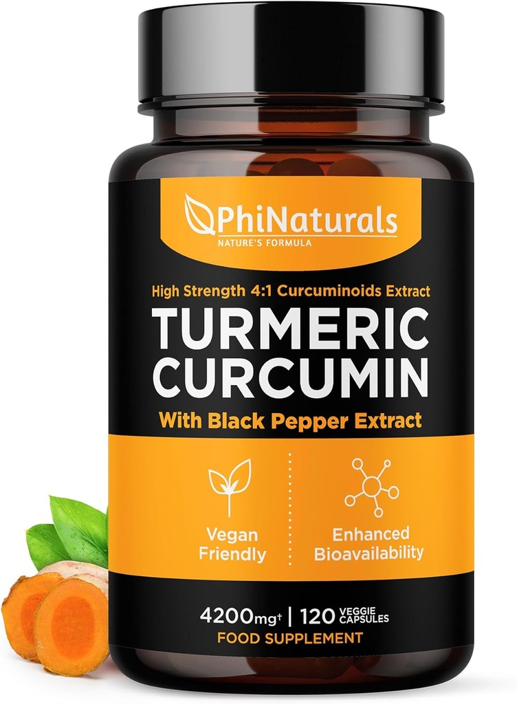 PhiNaturals Turmeric Curcumin Supplement with Black Pepper Extract - 4200 mg Whole Curcuma Root Equivalent Per 3 Capsules Serving - Tumeric Pills