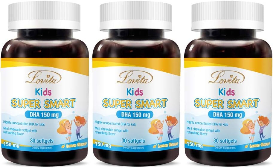 LovitaキッズスーパースマートDHA、150mg DHAと30mgのEPAオメガ3脂肪酸、サポート脳の健康、天然レモン風味、30ChewableSoftgels(パッケージ3)