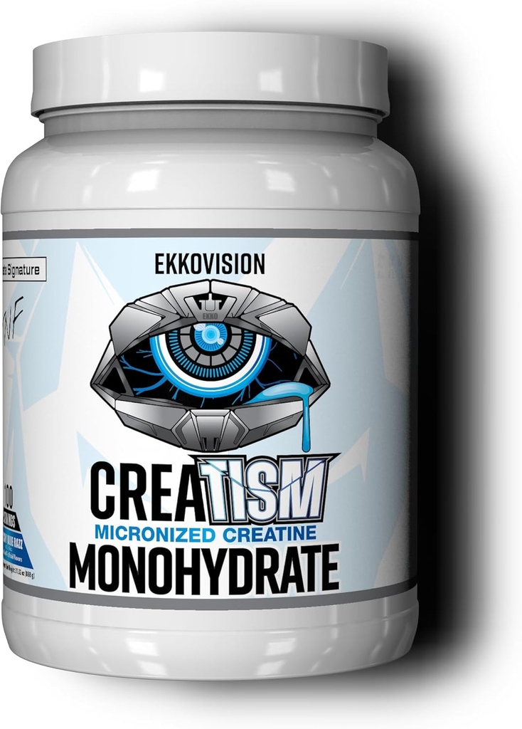 Ekkovision のクレアチンの Monohydrate の粉、Micronized、Puckin' の青いRazz、人及び女性のための前ワークアウト及びポストのワークアウトの補足、エネルギー サポート、シェイクスムージー及び飲料、100 のサービングで混合すること容易