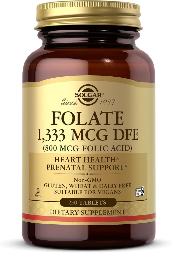 Solgar Folate 1,333 mcg DFE (Folic acid 800 mcg) - 250錠 - プレナタルサポート - 非GMO、ビーガン、グルテンフリーグルテンフリー、乳製品フリー、コシャ - 250便