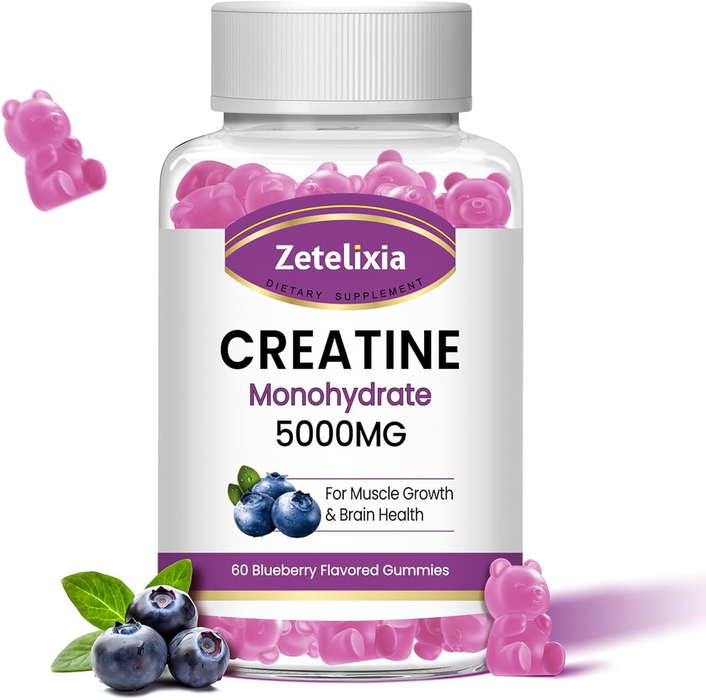 Creatine Monohydrate Gummies 5g for Men & Women, Chewables Creatine Monohydrate for Muscle Strength & Muscle Builder, Vitamin B12 for Energy Support, Non-GMO, Blueberry Flavor, 60 Count