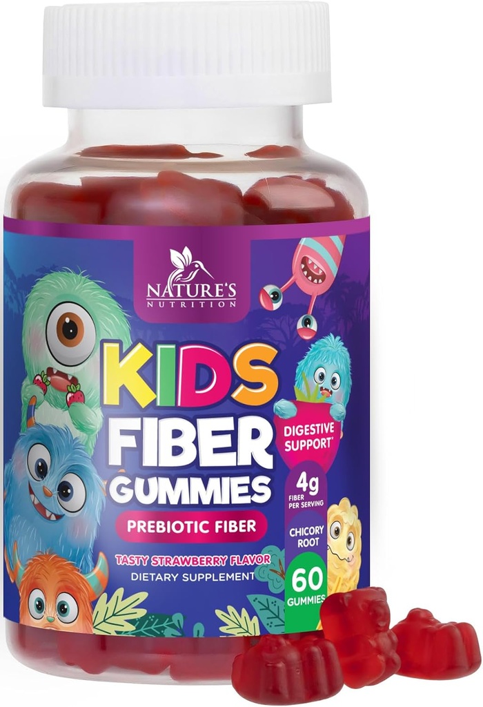 Fiber Gummies for Kids, Daily 4g Gummy Fiber Supplement, Prebiotic Digestive Health Support - Nature's Plant Based Soluble Fiber, Supports Regularity & Digestion for Kids Non-GMO - 60 Gummies