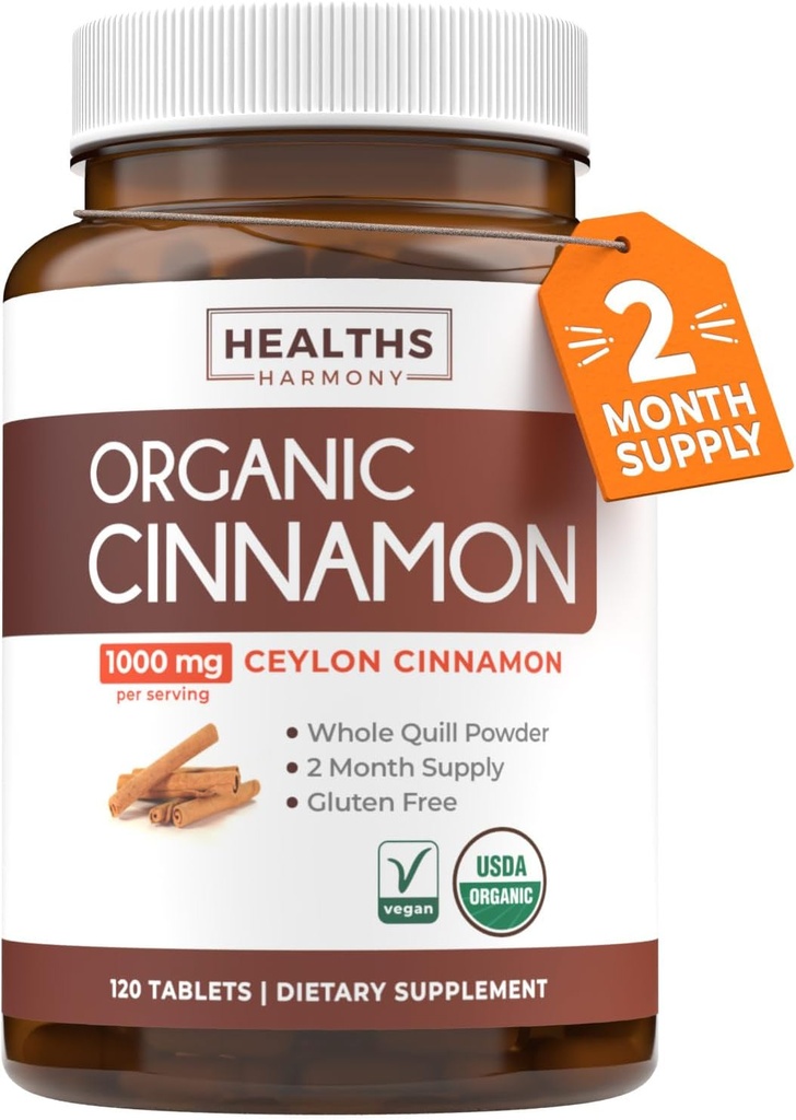 USDA Organic Ceylon Cinnamon Pills - High Potency Ceylon Cinnamon Supplement with 1000mg per Serving for Full Body Antioxidant Support - Vegan Non-GMO cGMP Made & Lab Verified (2 Months Supply)