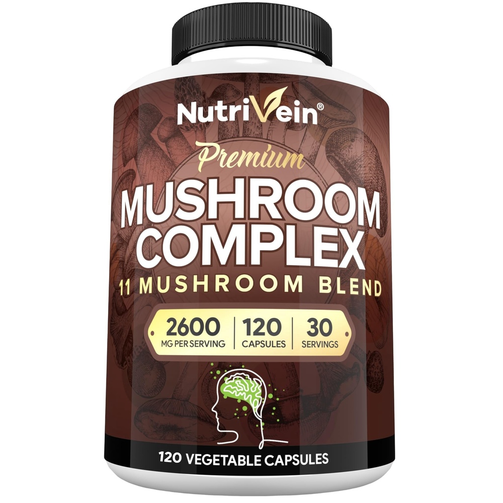Nutriveinの優れたきのこの補足2600のmg-のびん120のカプセル- 11のNootropicのきのこの複合体-ライオンのマネ、Cordyceps、Chaga、Reishi、トルコの尾、Maitake、Shiitake、Agaricus、白いボタン、Oyster