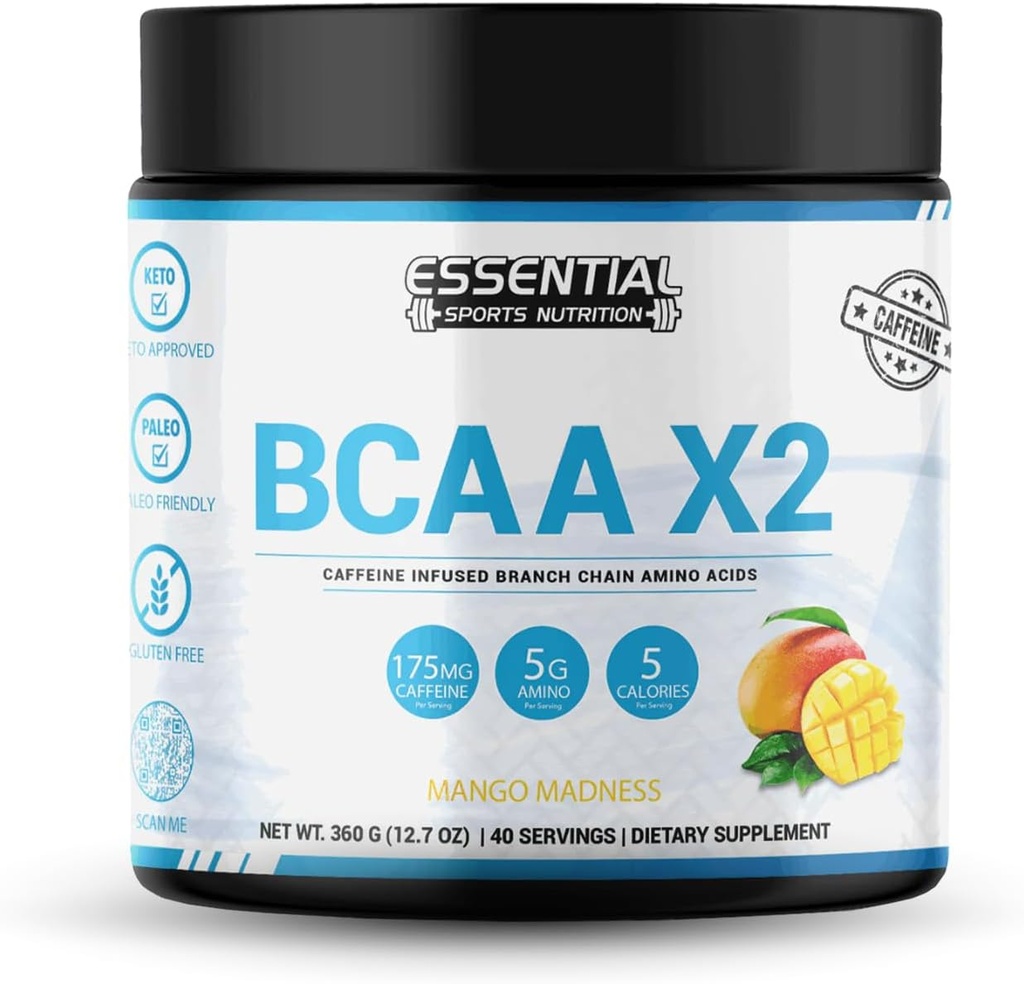 BCAA 175mgカフェイン付 | 40 サービング | ケト承認、非GMO、グルテンフリーサプリメント | ピーチマンゴー味