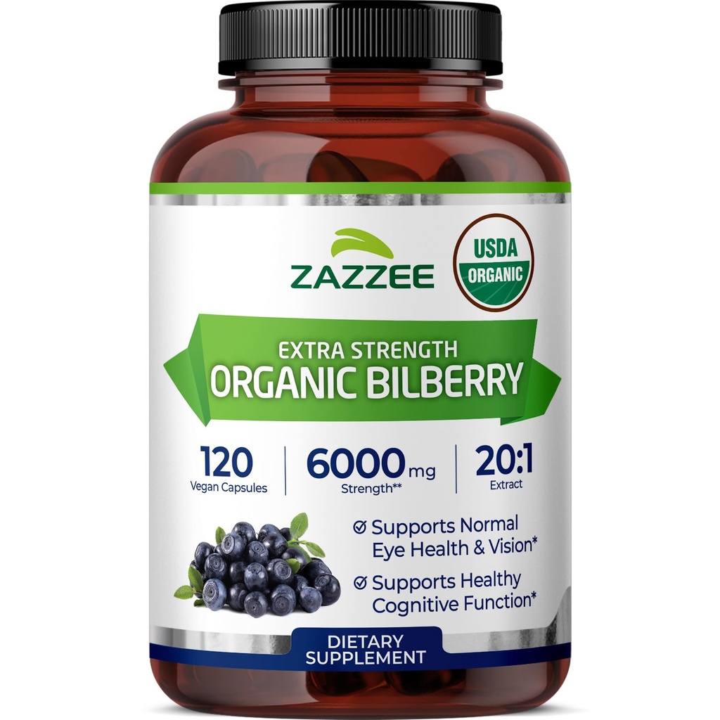ZazzeeのUSDAの有機性Bilberry 20:1のエキス、6000のmgの強さ、120のビーガン カプセル、4か月の供給、標準化され、集中された20Xのエキス、100%のベジタリアン、オールナチュラル、非GMO、米国製