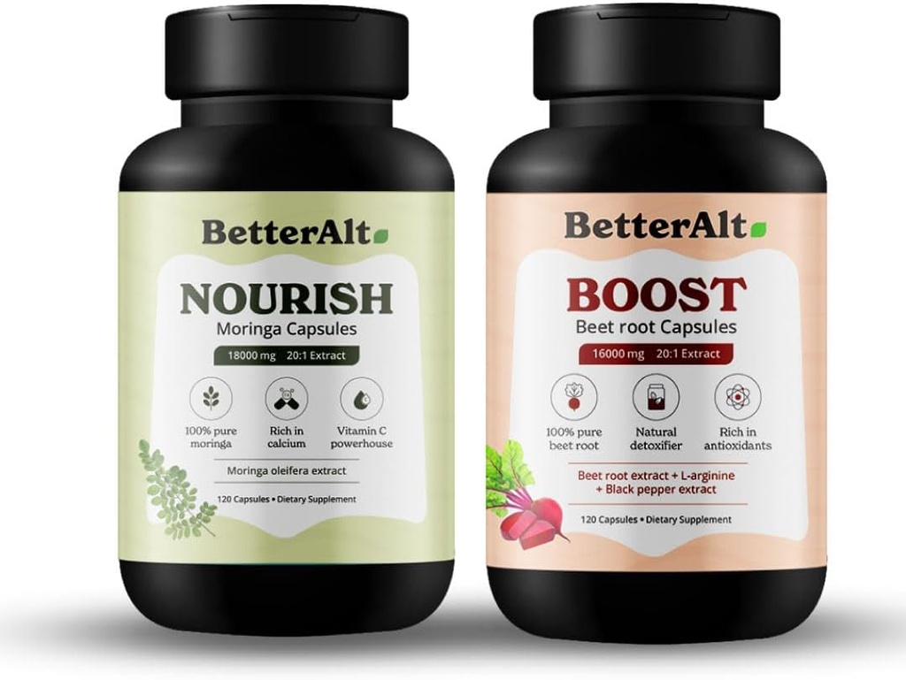 Better Alt Moringa & Beetroot Capsules|100% Pure Moringa Leaf Powder Supplement & 100% Natural Beetroot Supplement |Rich in Calcium & Vitamin C