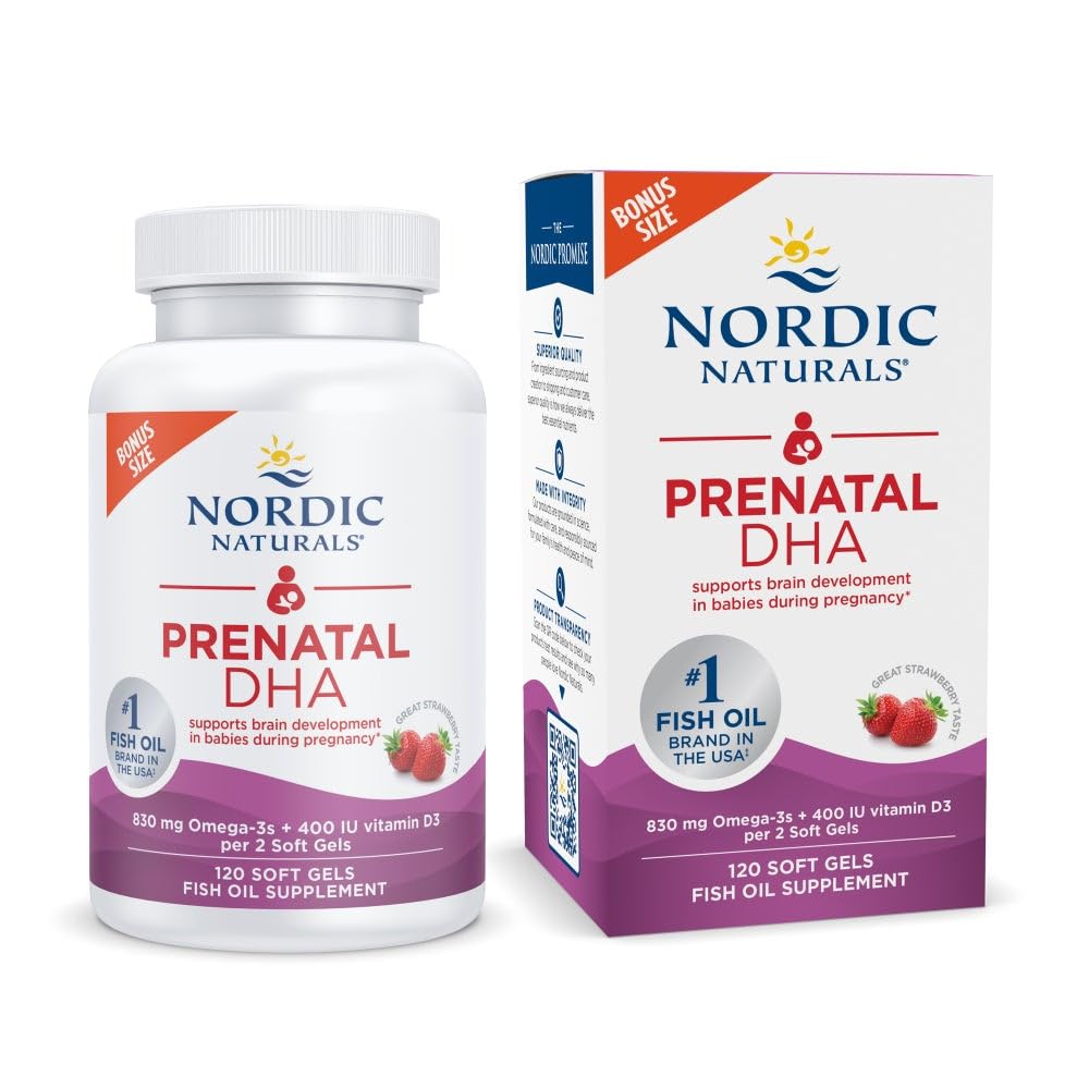 Nordic Naturals Prenatal DHA, いちご - 120 ソフトジェル - 830 mg Omega-3 + 400 IU ビタミン D3 - 妊娠中の赤ちゃんの脳開発をサポート & 授乳中 - Non-GMO - 60 サービング