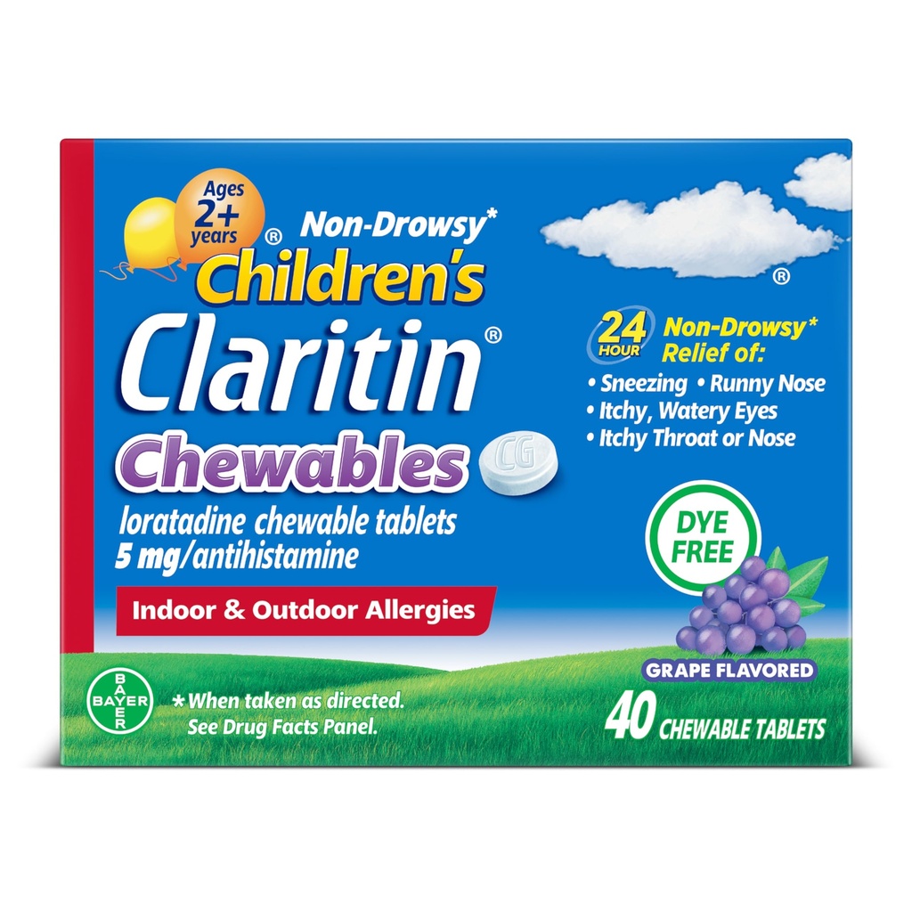 Claritinの子供のアレルギーの薬、24時間非眠気のLoratadine 5mgのChewableタブレット、子供のためのAntihistamineは2歳から2歳、ブドウの味付け、40のタブレットを老化させます