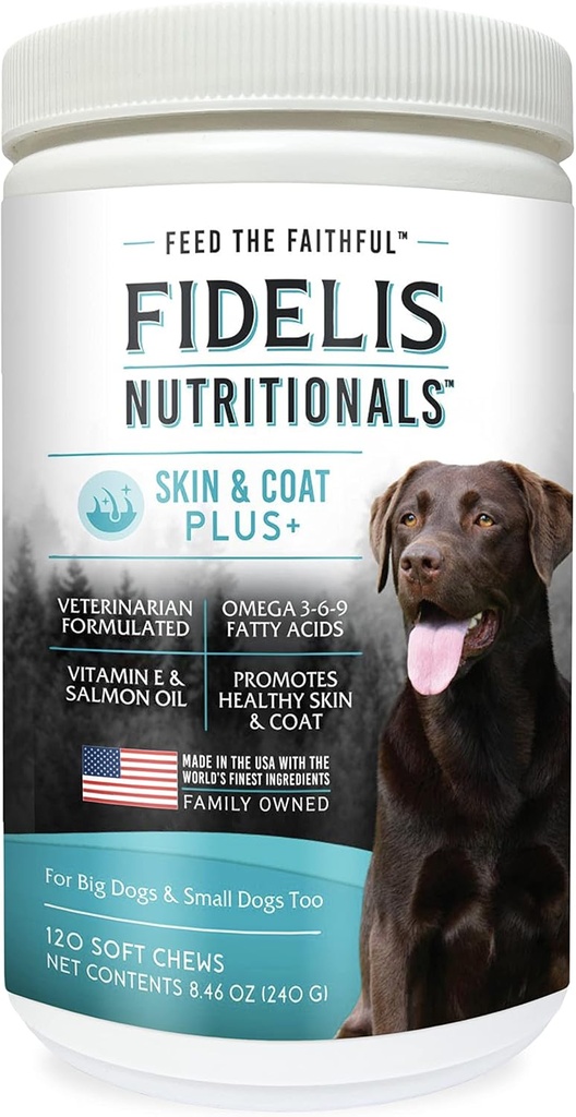 FIDELISの皮及びコートPlus+の犬の皮及びコートの補足、オメガ3、ビタミンE、犬、脂肪酸、健康な皮、光沢があるコート、大人、大きい及び小さい、米国、野菜味、120の柔らかい咀嚼でなされる