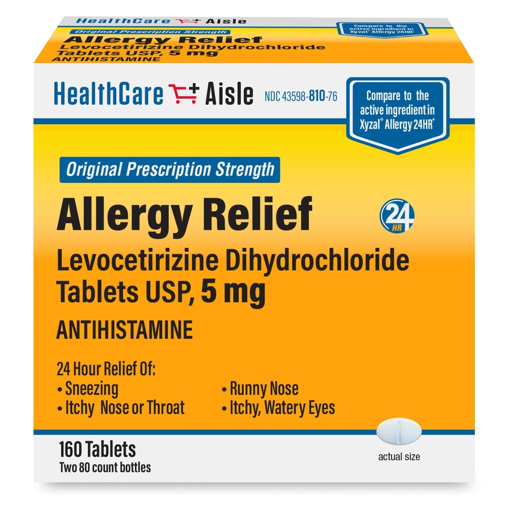HealthCareAisleアレルギー救済 - Levocetirizine二塩酸塩錠USP、5mg、160錠、元の処方強度アレルギー薬、24時間救済、80カウント(パッケージ2)