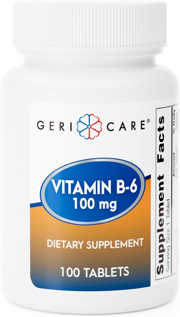 GeriCareビタミンB-6 100mg、100錠 - 健康的な脳機能、気分の強化、循環の健康と代謝のための毎日の栄養サポート - 戦闘疲労を助け、全体的なウェルネスを促進