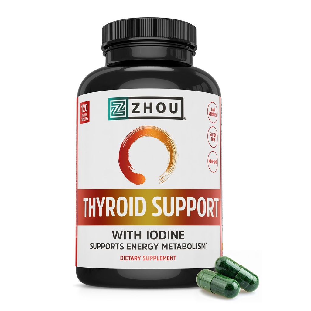 Zhou Thyroidサポート - 亜鉛、イオダイン&セレン、メタボリック健康甲状腺複合体、アワガンダ&ケルプとの抗酸化サポート - 120ベジギーカプセル
