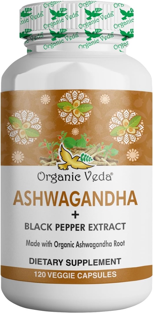 有機Veda Ashwagandhaの補足、1500mg - 黒いペッパーのエキスが付いているAshwagandhaのカプセル-純粋な100%の有機Ashwagandhaの根からなされる-気分サポート補足及びエネルギー、120の野菜