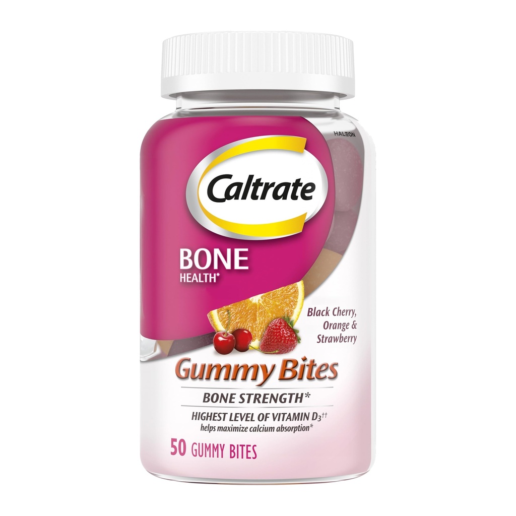 Caltrate Gummy Bites 500mgカルシウムとビタミンDサプリメント、ブラックチェリー、イチゴ、オレンジ - 50カウント