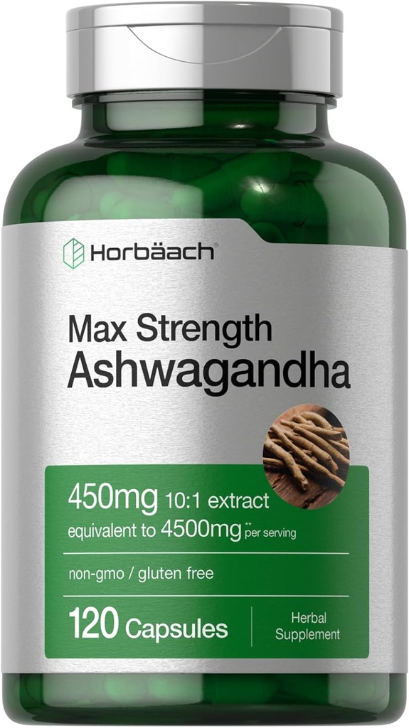 Horbäach Ashwagandha Supplement | Max Strength | 120 Capsules | Non-GMO, Gluten Free
