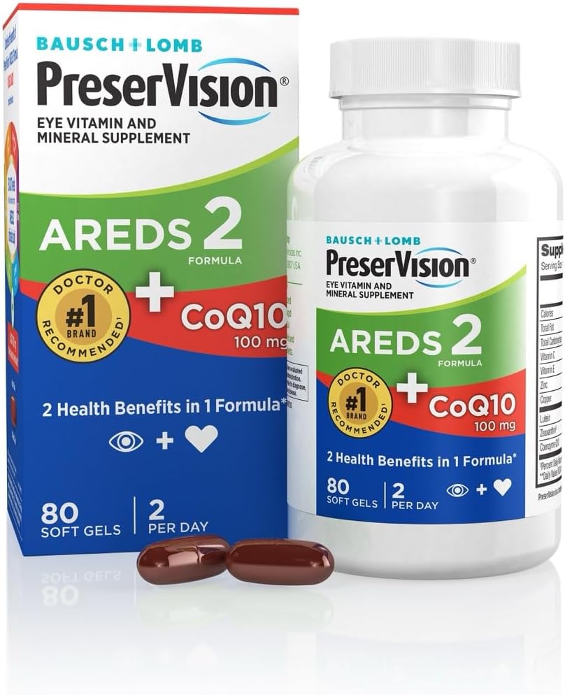 PreserVision AREDS 2 Eye Vitamins with CoQ10 for Heart Health, #1 Eye Doctor Recommended Brand, Lutein and Zeaxanthin Supplement with Vitamin C & E, Zinc, and Copper, 80 Softgels