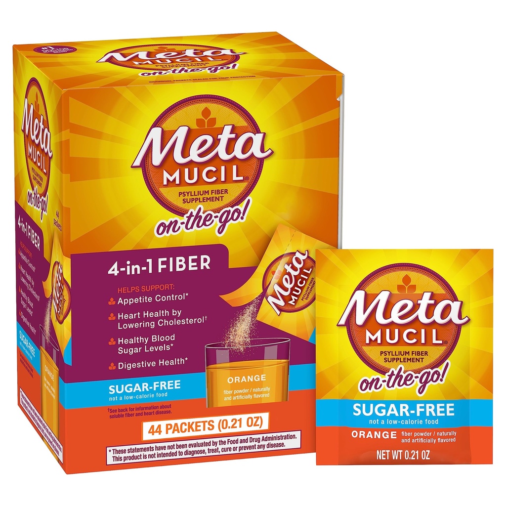 Metamucil On the-the-Go Packets, Sugar-Free, 44 Packets, 4-in-1 Psyllium Husk Fiber Supplement, Orange Flavored, 個人は旅行のために素晴らしいサービス, 消化の健康と正規性のための繊維のサプリメント