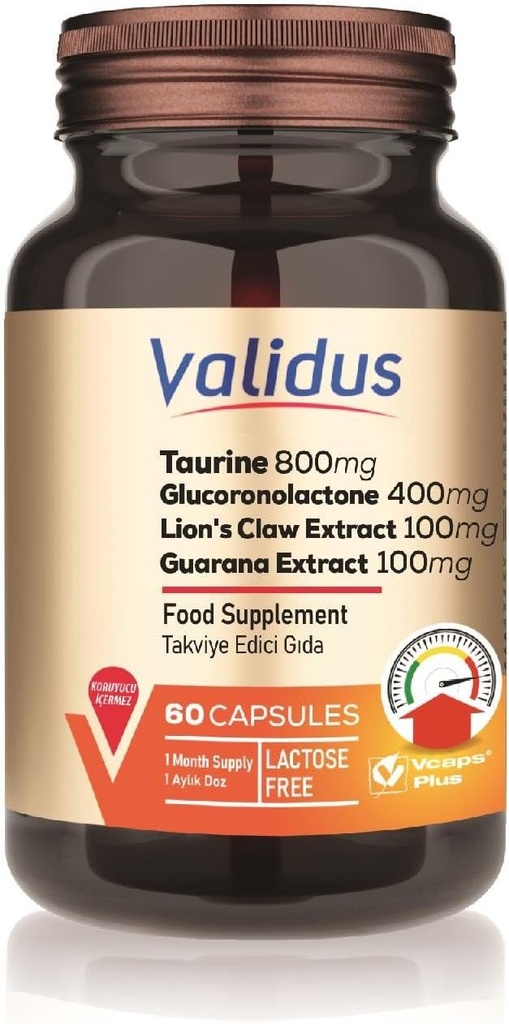 VALIDUS タウリン 800 mg + グルコロノラクトン 400 mg + ライオンズクローエキス 100 mg + グアラナエキス 100 mg 60カプセル