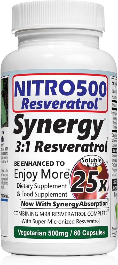 ニトロシナジーレスベラトロール(Nitro500)と最大25倍の容解性 - 60ベジタリアンカプセル - 30サービング - 500mg/サービング