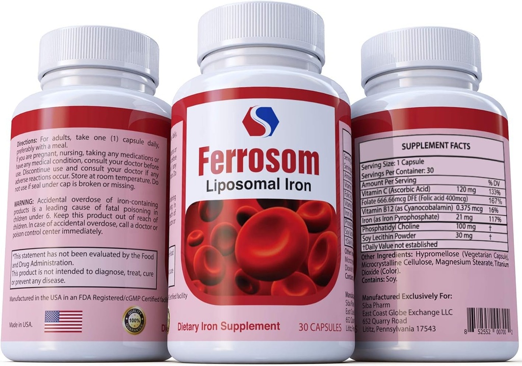 Siba Pharmによるリポソマル鉄サプリメント | フェロソム食物鉄ビタミンサプリメント | ビタミンCの豊富で、B12、葉酸|非GMO、ビーガン、プレミアム品質|新しい血液細胞生産を助けます | 30カプセル