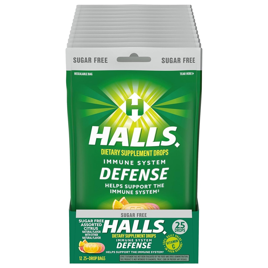 HALLS Defense Assorted Citrus Sugar Free Vitamin C Drops, Dietary Supplement Drops, 12 Bags of 25 Drops (300 Total Drops)