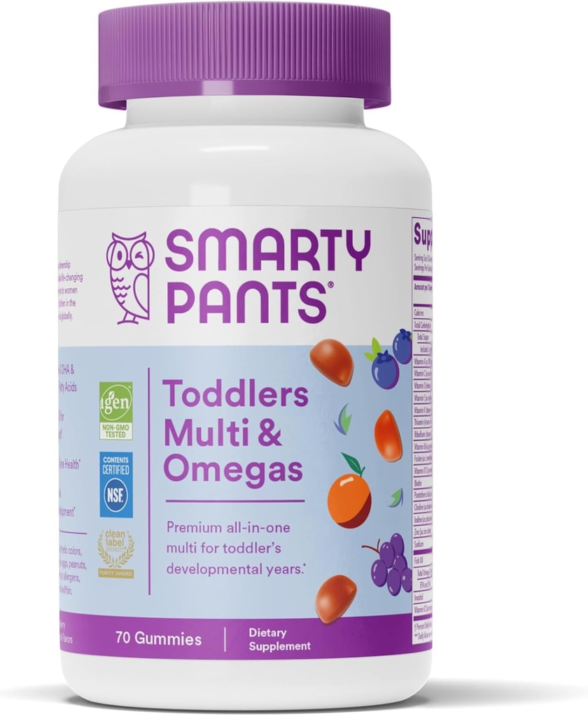SmartyPants Toddlerマルチビタミングミ:オメガ3フィッシュオイル(EPA / DHA)、ビタミンD3、C、ビタミンB12、B6、A、K&亜鉛、ビオチン、ベータカロテン、グルテンフリー、3フルーツ味、70カウント(23日供給)