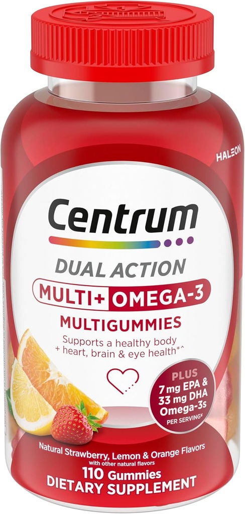 Centrum MultiGummies Multi+オメガ3デュアルアクション、大人マルチビタミン、マルチビタミン/マルチミネラル/オメガ3サプリメント、いちご/レモン/オレンジ味 - 110カウント